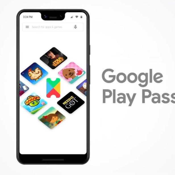 Smartphone mit Logos von Google Play Pass Spielen