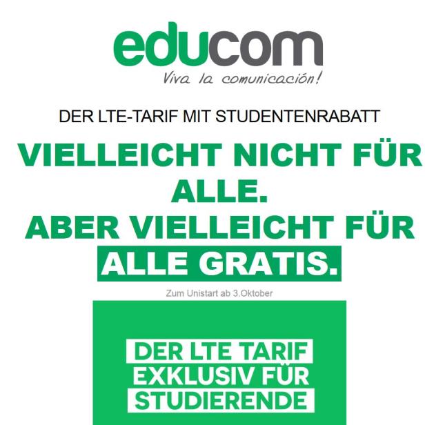 Eine Werbung von Educom für einen LTE-Tarif mit Studentenrabatt ab dem 3. Oktober.