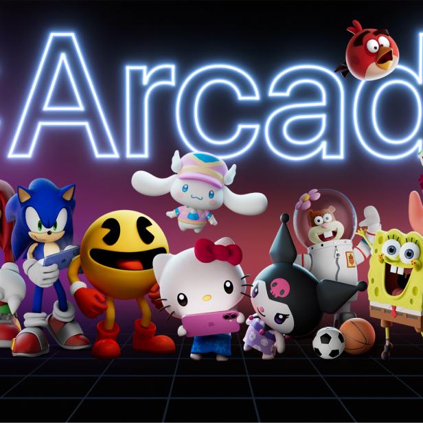 Charaktere aus Apple Arcade Games stehen vor einem leuchtenden Apple Arcade Logo.