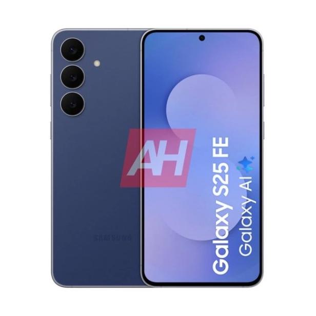 Ein blaues Samsung Galaxy S25 FE Smartphone, das ein durchgesickertes Screenshot zeigt.