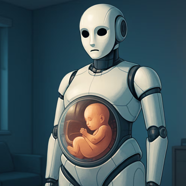 Chosun Biz veröffentlichte eine KI-generierte Illustration des Roboter-Mutterleibes. Man sieht einen Roboter mit durchsichtigem Bauch in dem ein menschliches Baby steckt.