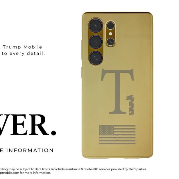 Das vergoldete Samsung Galaxy S25 Ultra mit Trump Logo und Amerika-Flagge über dem Spigen-Logo