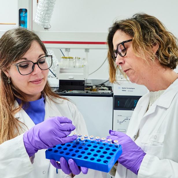 Zwei Forscherinnen begutachten Proben am OFI.