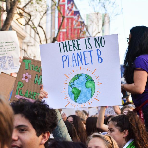 Menschen mit Plakaten bei einer Demo gegen den Klimawandel.