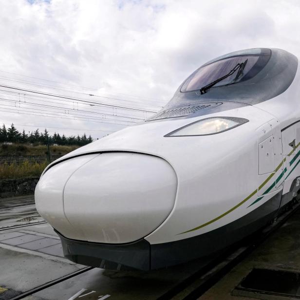 FILE PHOTO: A high speed train destined for a route in Saudi Arabia between Medina and Mecca, stands at the factory of Spanish train manufacturer Talgo, in Rivabellosa