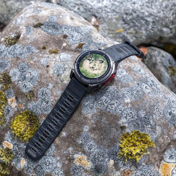 Eine Garmin Fenix 8 MicroLED Smartwatch liegt auf einem moosbedeckten Stein.
