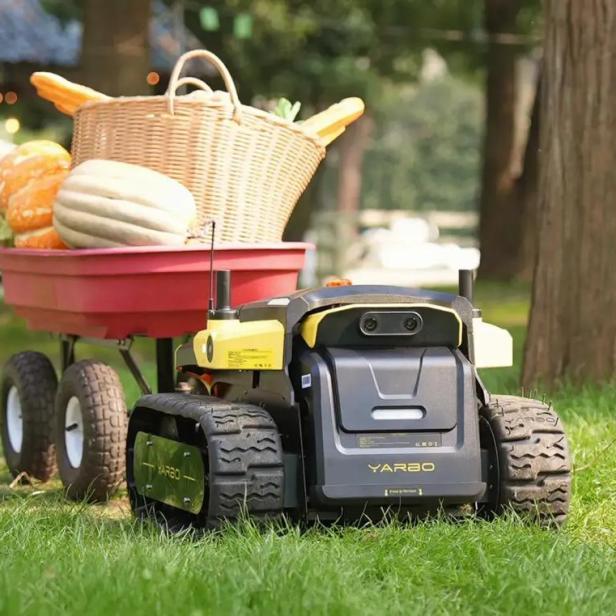 Der Gartenroboter Yarbo zieht einen Wagen mit Kürbissen und einem Korb.