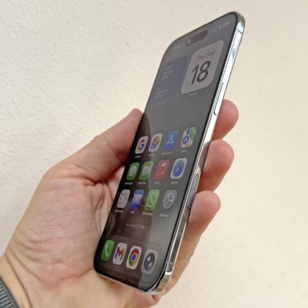 Eine Hand hält ein iPhone mit dem Startbildschirm.