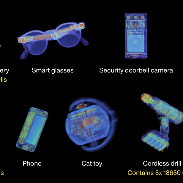 Eine Übersicht von Elektronikgegenständen im CT-Scan, die 18650 Batteriezellen enthalten 