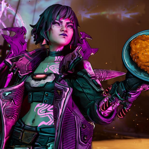 Vault Hunter Vex hält ein Wiener Schnitzel in der linken Hand