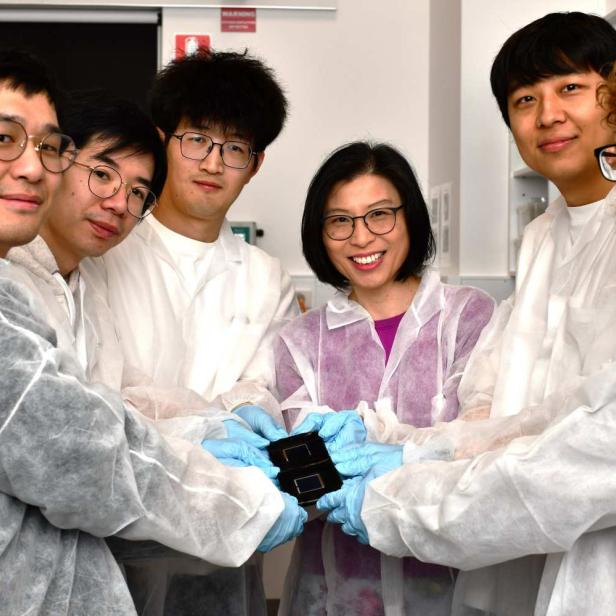 Die Forscher mit ihrer großen Solarzelle.