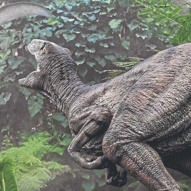 Ein Dinosaurier und ein Flugsaurier stehen inmitten dichter Vegetation, umgeben von Farnen und tropischen Pflanzen.