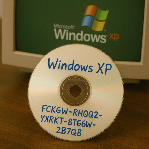 Windows-XP-CD mit dem legendären Produktschlüssel vor einem alten Monitor mit XP-Logo.
