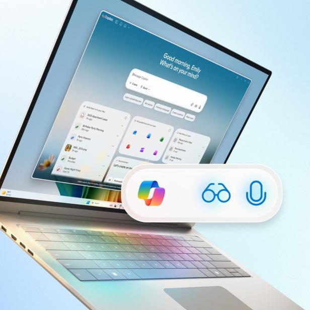 Laptop mit geöffneter Copilot-Oberfläche und Symbolleiste für KI-Funktionen auf dem Bildschirm.