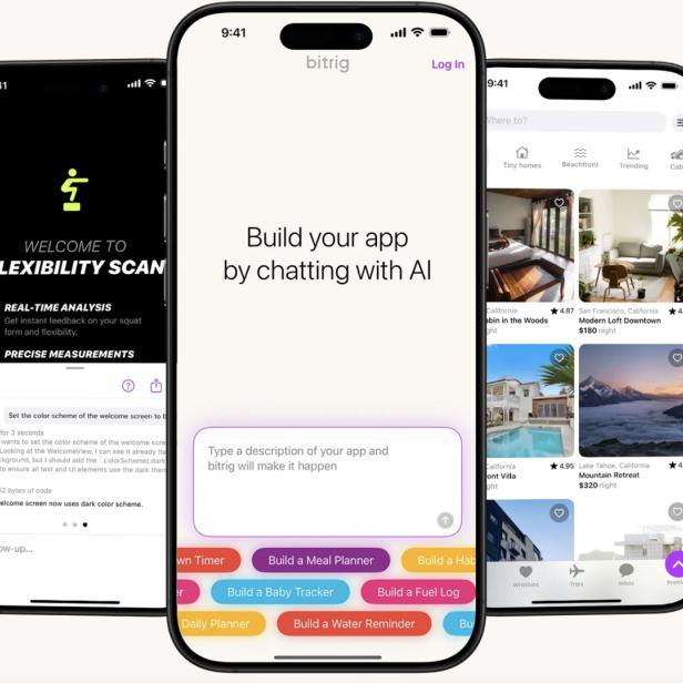 Mehrere Smartphones zeigen verschiedene von Bitrig erstellte App-Oberflächen und Funktionen.