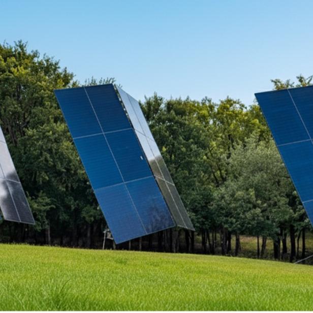 3 schräg stehende PV-Türme auf einer Wiese neben Bäumen