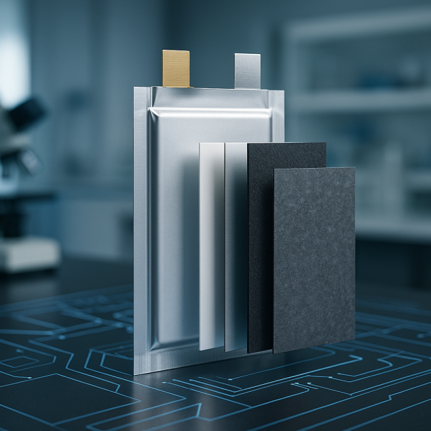 Lithium-Schwefel-Batterie mit Schichtenaufbau im Labor auf einem Tisch mit Mikroskop im Hintergrund.