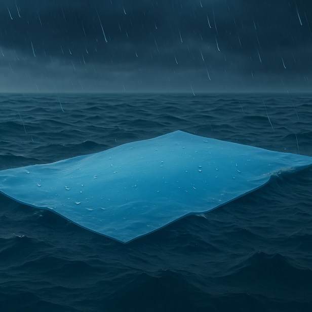 Blaues schwimmendes Paneel auf regnerischer Wasseroberfläche bei dunklem Himmel.