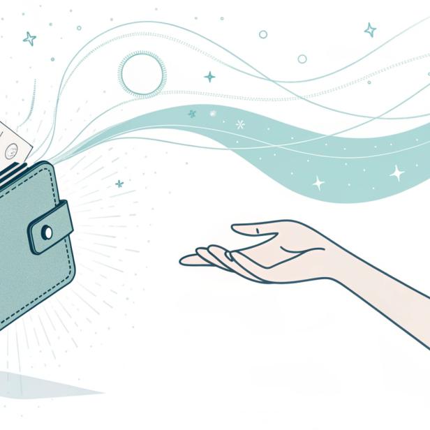 Hellblaue, minimalistische Illustration einer geöffneten Brieftasche, aus der Sterne, Kreise und Linien in Richtung einer ausgestreckten Hand strömen.