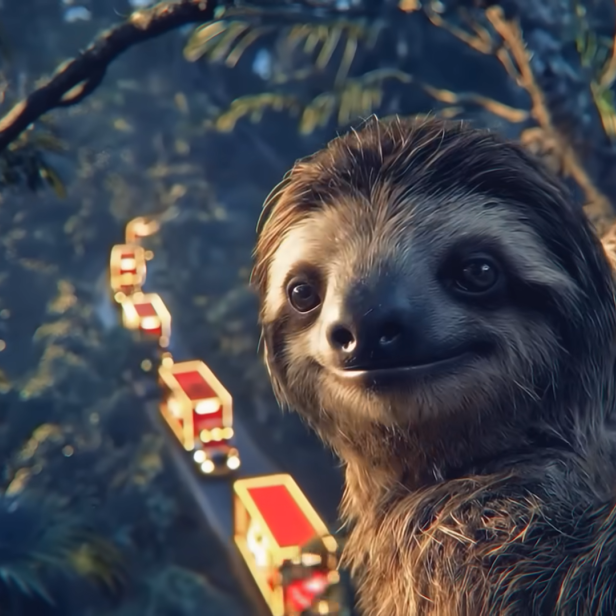 Ein Faultier schaut in die Kamera, während im Hintergrund Coca-Cola-Trucks durch den Regenwald fahren.