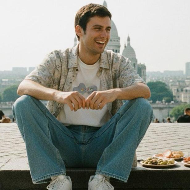 Junger Mann sitzt lachend auf Treppen vor Sacré-Cœur mit Tellern voller Snacks neben sich.