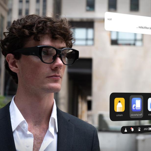 ein Mann mit der Inmo-Brille, daneben illustrierte App-Icons