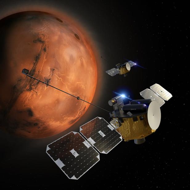 Die beiden NASA-Satelliten Escapade Blue und Gold umkreisen den Mars, um gemeinsam Daten zur Atmosphäre und zum Weltraumwetter zu sammeln.