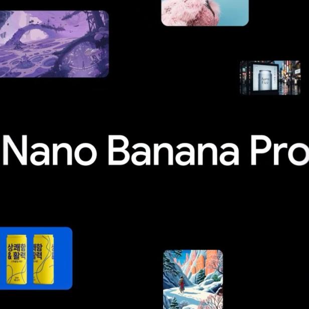 Schriftzug „Nano Banana Pro“ umgeben von verschiedenen bunten Illustrationen und Fotos.