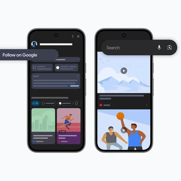 Zwei Smartphones mit Google Discover und Suchfunktion im dunklen Design.