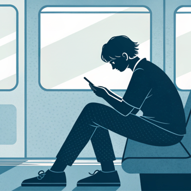 Ein Mann ist in einer U-Bahn an seinem Handy und streamt.