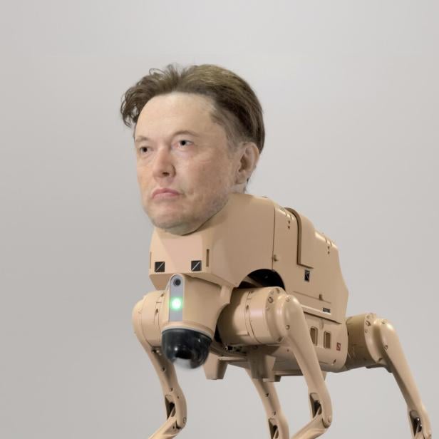 Roboter-Hund mit Wachs-Kopf von Elon Musk