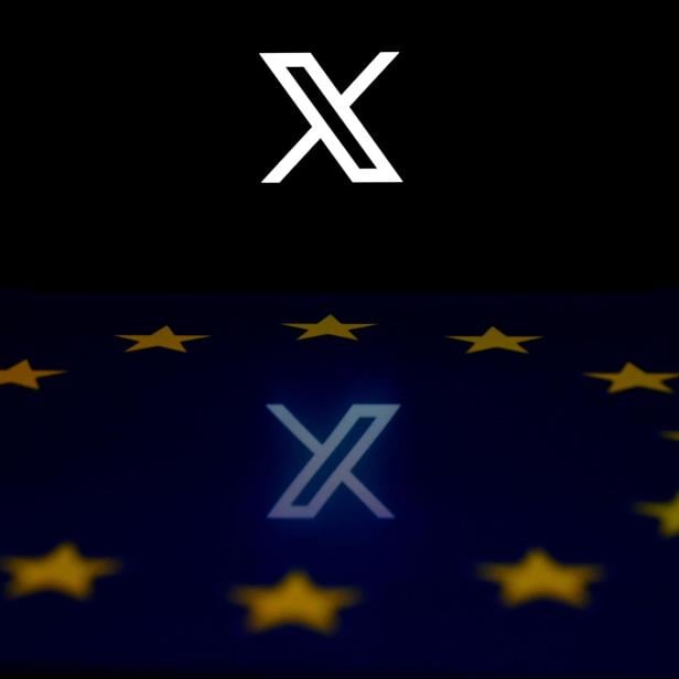 Das weiße X-Logo ist über einem Kreis aus gelben Sternen auf blauem Hintergrund zu sehen.