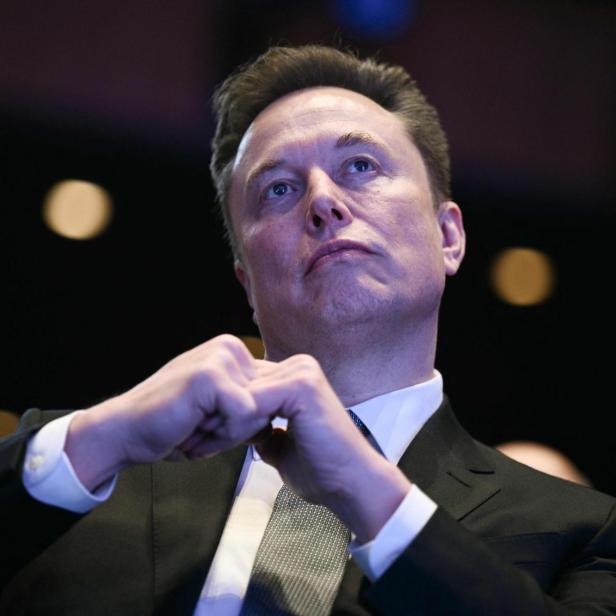 Elon Musk blickt mit geballten Fäusten nach oben.