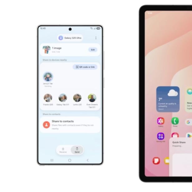 Samsung-Smartphone und Tablet zeigen neue Sharing- und Quick-Share-Funktionen auf dem Display.