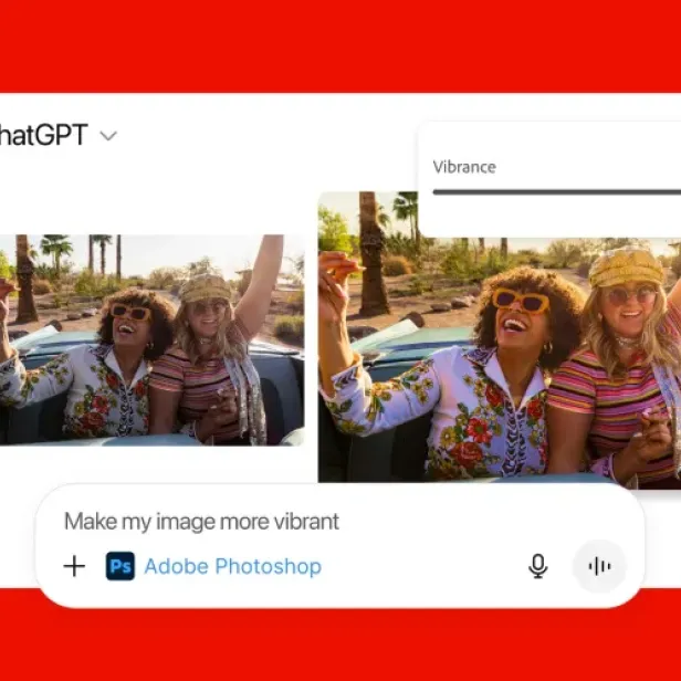 Eine Fotobearbeitung mit Adobe Photoshop wird direkt in ChatGPT durchgeführt, wobei die Farbsättigung eines Bildes per Regler angepasst wird.