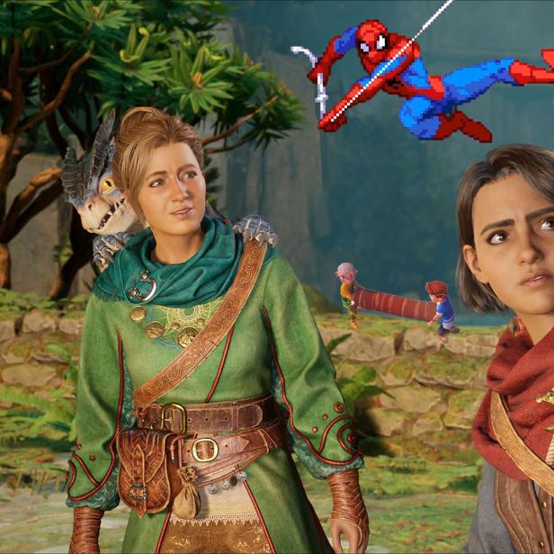 Zwei Abenteurerinnen mit Drachen, Comic-Spiderman und weitere Spielfiguren vor Waldkulisse.