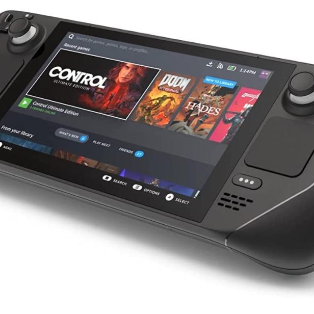 Steam Deck mit LC-Display vor weißem Hintergrund