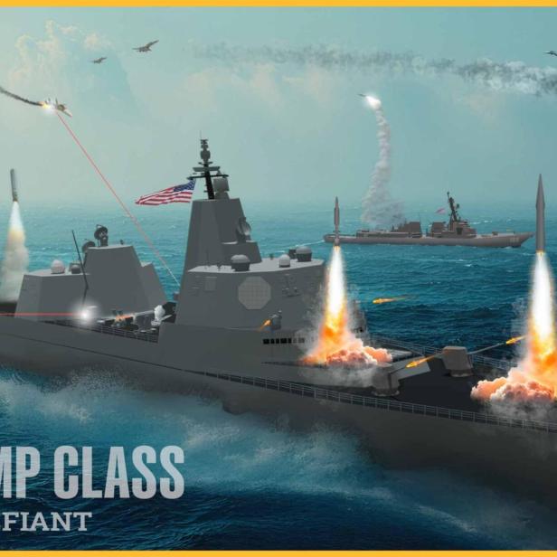 Kriegsschiff feuert Raketen und Geschütze ab, Laserstrahl trifft anfliegende Rakete, brennendes Schiff.