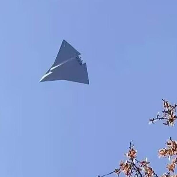 Dreieckiges Tarnkappenflugzeug fliegt am klaren Himmel, Äste mit Blüten im Vordergrund.