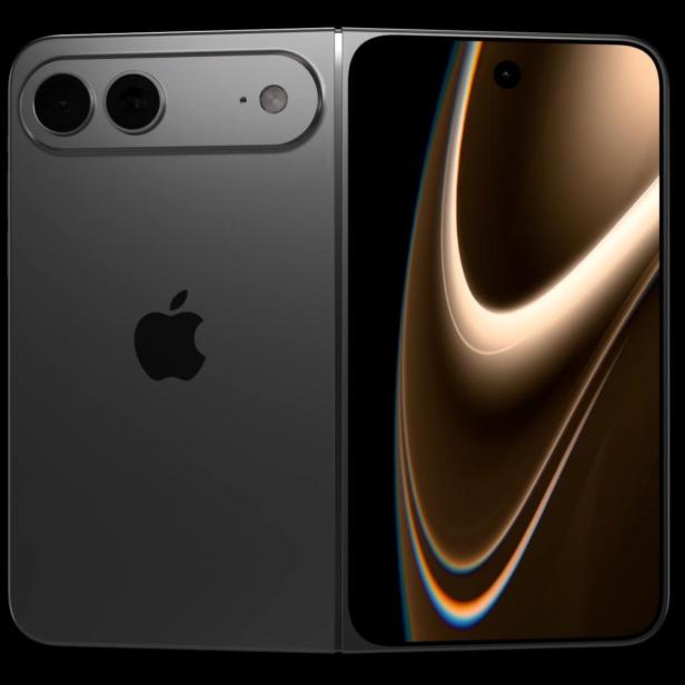 Renderbild eines aufgeklappten faltbaren iPhones mit zwei Kameras und großem Innendisplay.