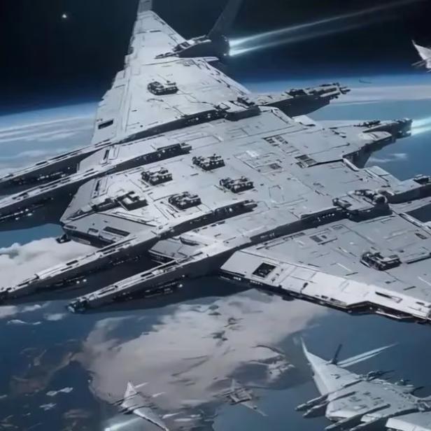 Grafische Darstellung des geplanten chinesischen Weltraum-Flugzeugträgers „Luaniao“ mit mehreren Kampfflugzeugen im Orbit über der Erde.