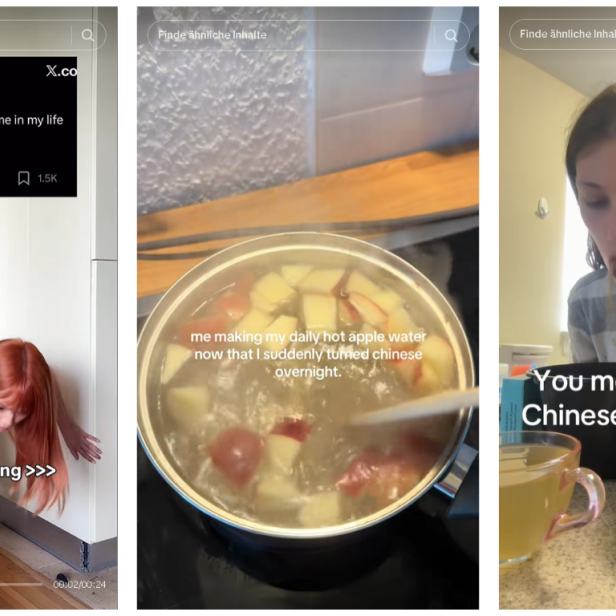 Drei Screenshots von TikTok, die den "Chinese werden"-Trend aufgreifen.