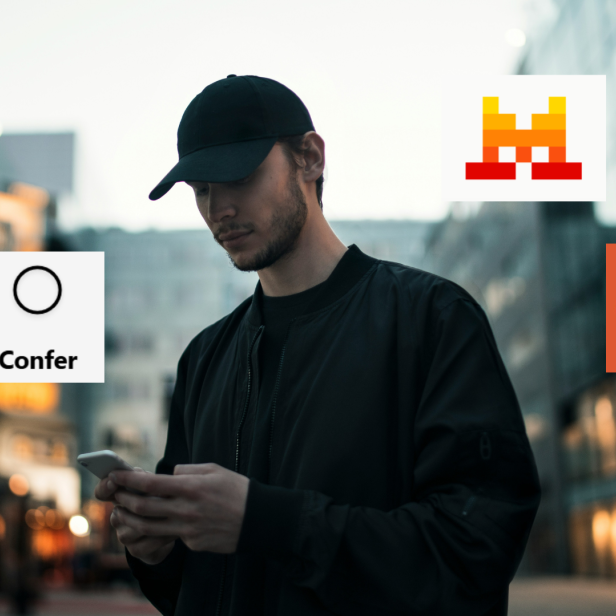 Ein Mann mit Handy im Hintergrund, dazu vier App-Logos.