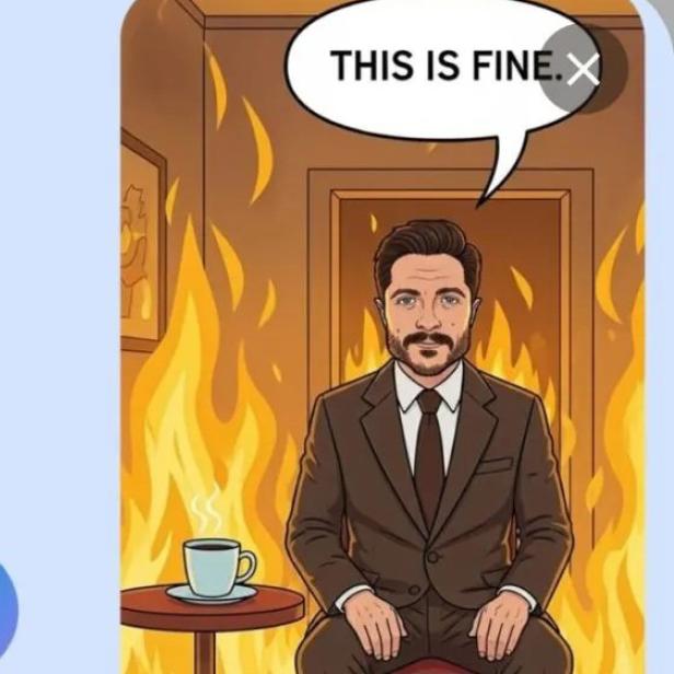 Ein Porträt eines Mannes auf der linken Seite. Rechts ein Meme, das auf Basis des Fotos von einer KI gemacht wurde