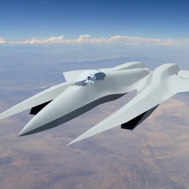 Kampfflugzeug-Konzept SM-39 Razor mit futuristischem Design fliegt über Wüstenlandschaft.