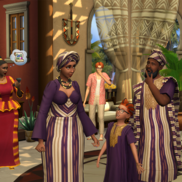 Mehrere Sims in farbenfroher, traditioneller Kleidung stehen in einem festlich dekorierten Raum und interagieren miteinander.