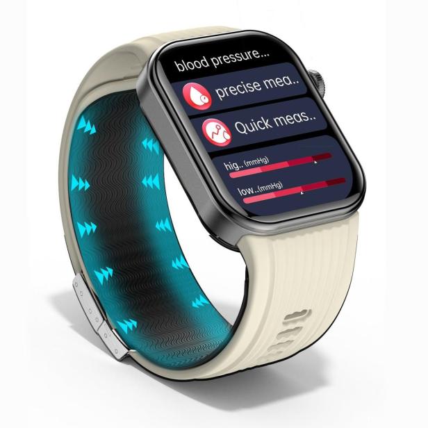 Smartwatch mit Display für Blutdruckmessung und integriertem Luftpolster im Armband.