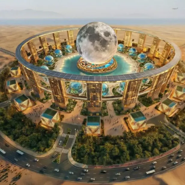 Visualisierung eines futuristischen Hotelkomplexes mit riesiger Mondkugel inmitten einer Wüstenlandschaft.