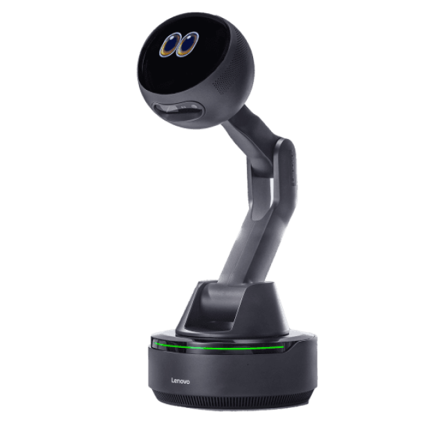 ein schwarzer Roboterarm mit kugelrundem Kopf, an dessen Vorderseite ein DIsplay mit Augen-Illustration zu sehen ist