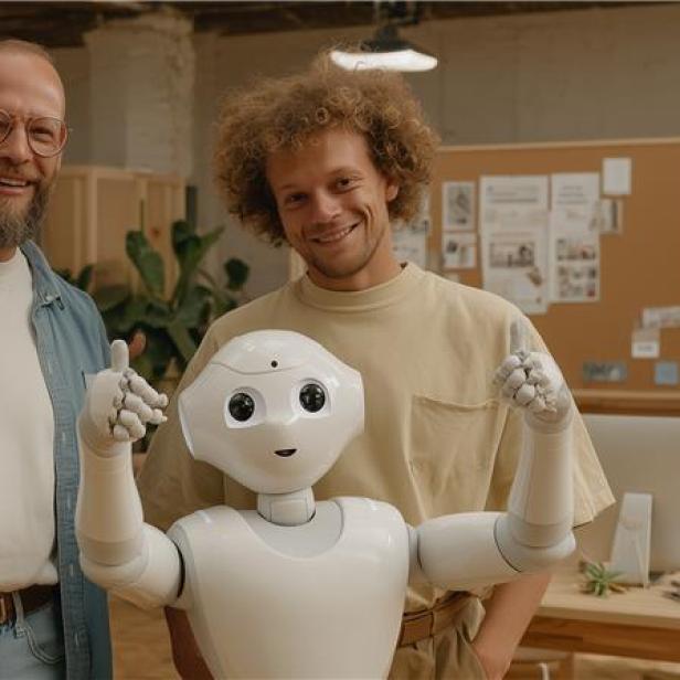 2 Männer und ein Roboter geben das Daumen-nach-Oben-Zeichen